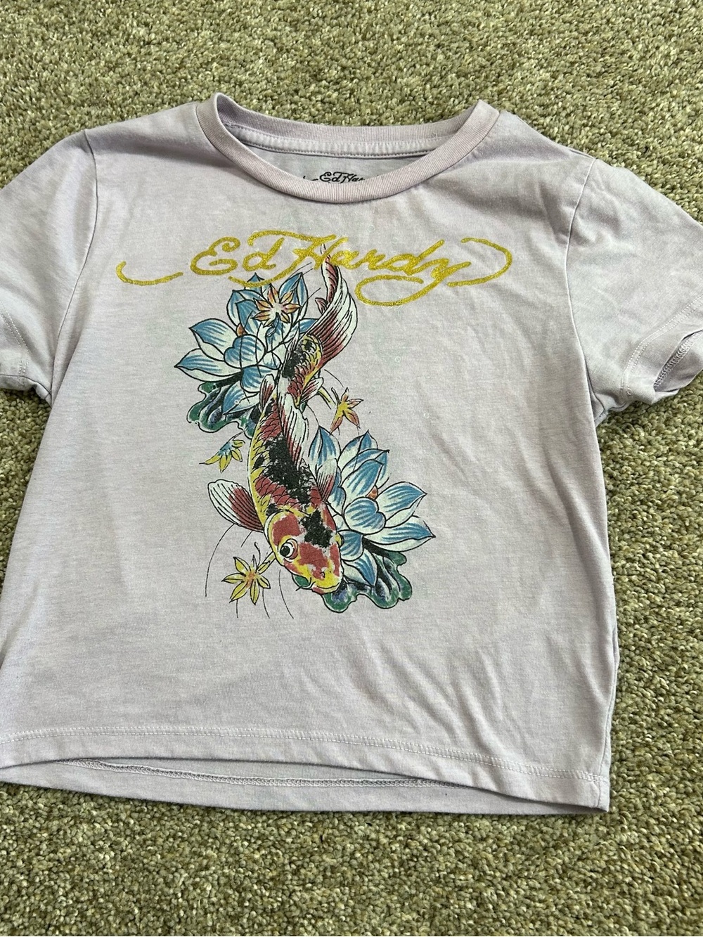 Ed Hardy Purple Koi Floral Cropped Tee